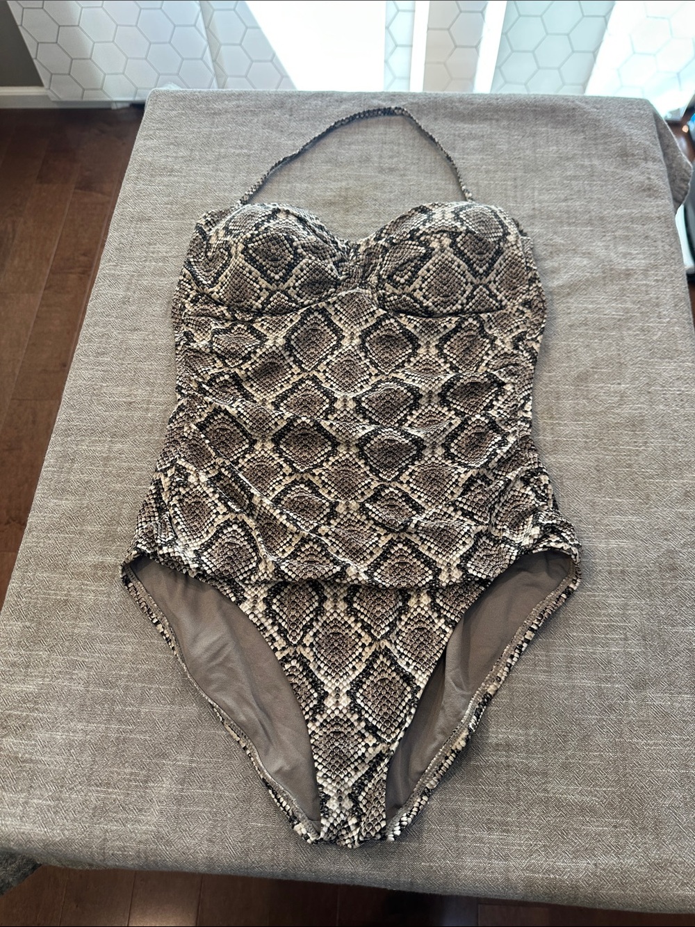 Tommy Bahama woman’s Snake-Print One-Piece Swimsuit in Neutral Tones